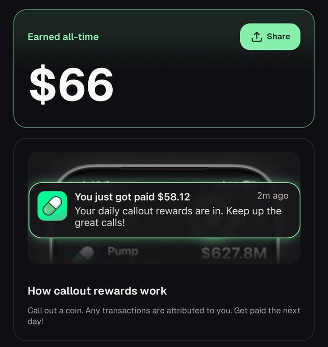 A screenshot of a mobile app interface showing "$66 Earned all-time" with a notification stating "You just got paid $58.12 - Your daily callout rewards are in. Keep up the great calls!" alongside a brief explanation that callouts attribute transactions to the user and pay them the next day, supporting the user's post celebrating their Pumpfun callout rewards.