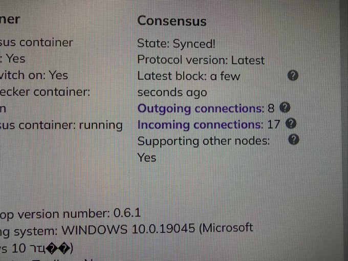 A screenshot of a Pi Network node monitoring dashboard displays the Consensus status as "Synced!" with 8 outgoing and 17 incoming connections, showing it is actively running on version 0.6.1 on Windows 10, confirming the automatic upgrade mentioned in the post.