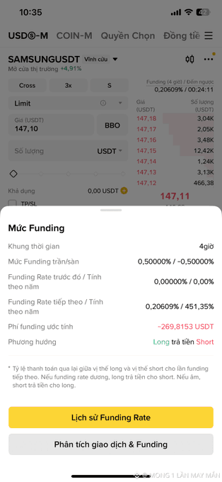 A Binance mobile trading screen showing USDT-M COIN-M interface with funding rate information for SAMSUNG/USDT perpetual contract, displaying a long trend.