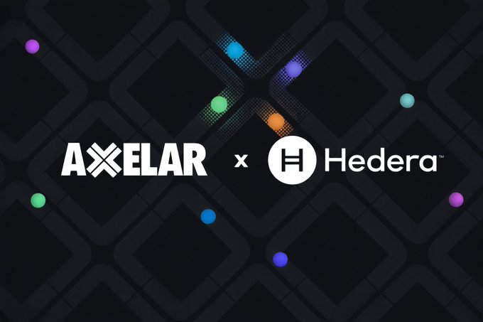 Promotional graphic featuring the logos 'AXELAR' and 'Hedera' with an 'x' between them on a dark background with colorful dots.