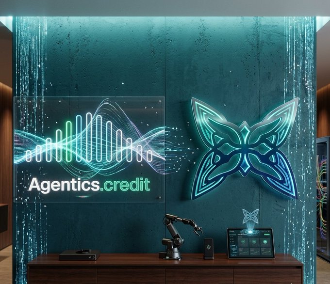 A futuristic room display featuring an 'Agentics.credit' neon sign with a soundwave graphic, a glowing blue butterfly-bow logo, and a holographic butterfly hovering above a laptop and robotic arm on a desk.
