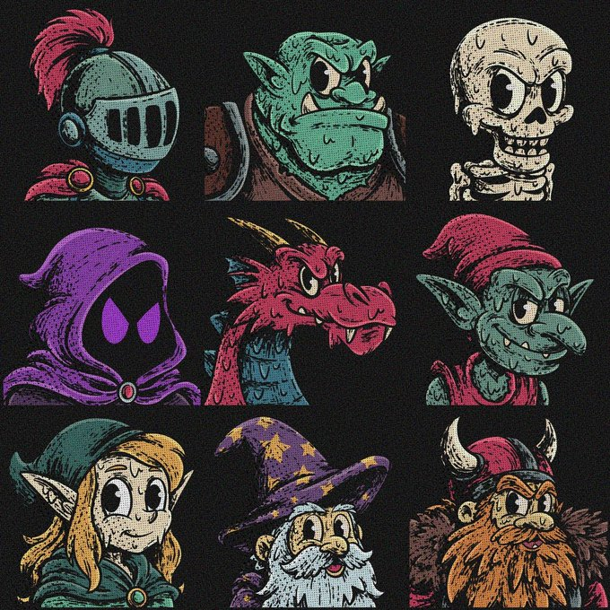 A pixel-art illustration featuring a 3x3 grid of fantasy character portraits, including a knight, orc, skeleton, hooded figure, red dragon, goblin, elf, wizard, and viking, all rendered in a retro 8-bit style on a black background.