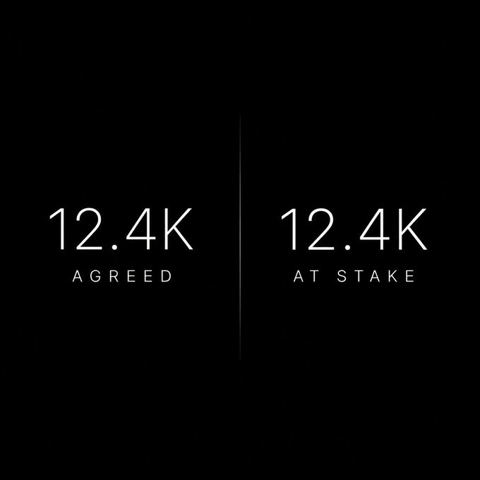 A minimalist black screen displaying '12.4K AGREED' and '12.4K AT STAKE' separated by a vertical line, likely from a crypto governance or voting platform.