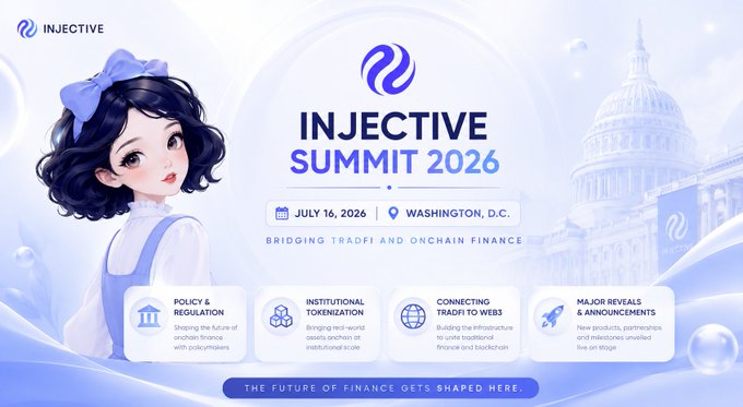 Promotional banner for the Injective Summit 2026 on July 16, 2026 in Washington, D.C., featuring an anime-style mascot and themes of policy & regulation, institutional tokenization, connecting TradFi to Web3, and major reveals.