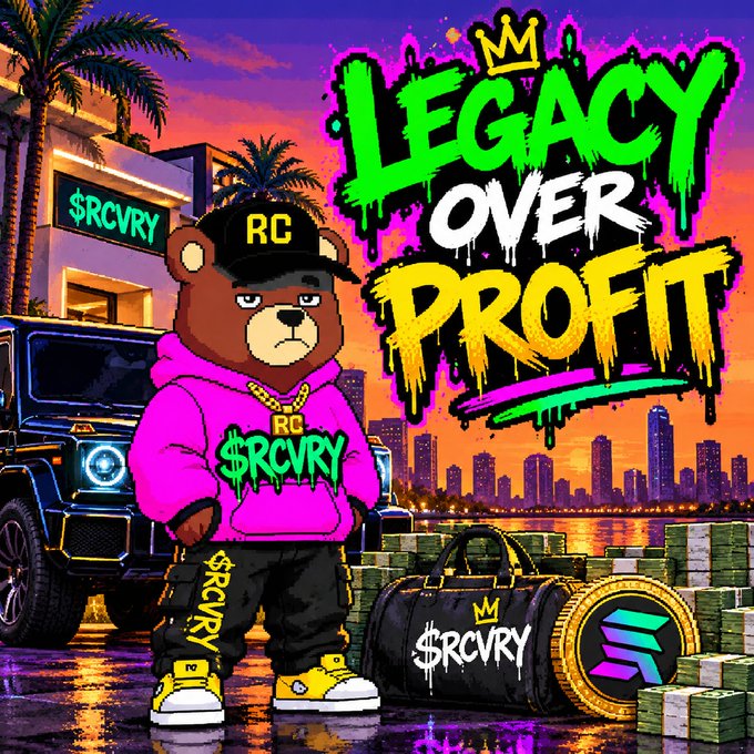 A vibrant digital illustration featuring a bear character in streetwear (pink hoodie, 'RC' hat) next to a luxury car and bags of money, with the text 'LEGACY OVER PROFIT' and '$RCVRY'.
