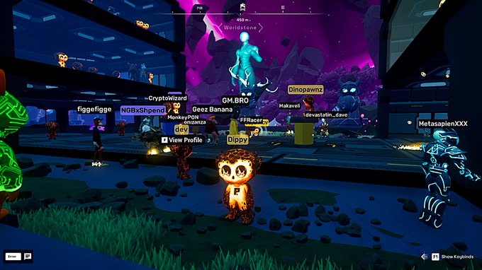 A screenshot from the virtual world of OthersideMeta showing multiple player avatars gathered together, including one wearing a lion costume with visible usernames like "NGBxShpend," "GM.BRO," "Geez Banana," "Dinopawnz," "Makaveli," and "MetasapienXXX," along with a "View Profile" prompt and a "Weird Stone" marker in the background. The scene captures the lively multiplayer gaming session mentioned in the post, featuring the metaverse environment and community gathering during a scheduled Game Time event.