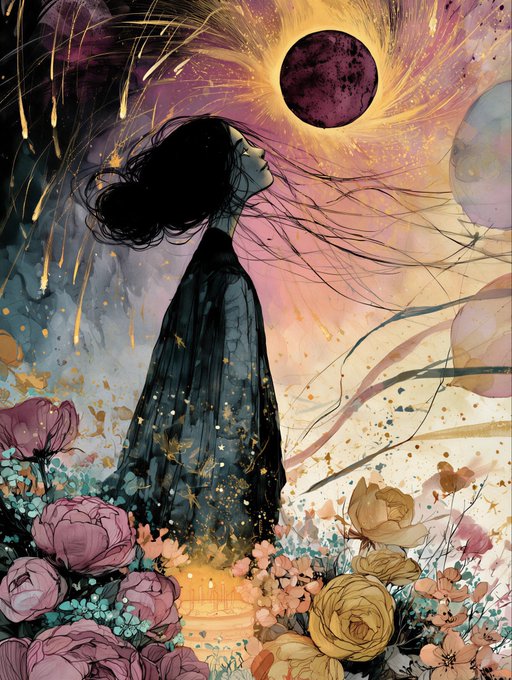 A stylized digital illustration of a woman in a flowing dark dress looking up toward a dark celestial body resembling an eclipse, surrounded by vibrant pink and yellow flowers.