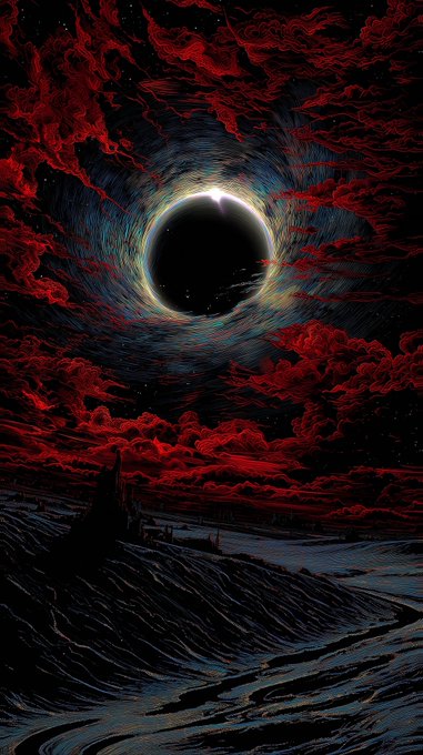 A dark, surreal landscape featuring a black hole surrounded by swirling red clouds in a starry sky, with small silhouetted figures standing on a textured terrain below.