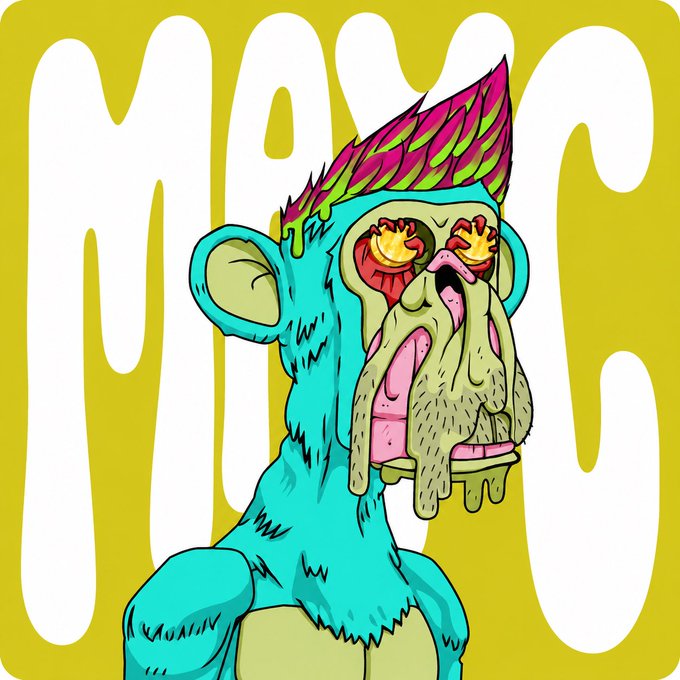 A colorful illustration of a turquoise, melting monkey-like creature with a pink and green flame-shaped head, set against a yellow background with the text 'MONKE' and signed 'KAUALIN'.