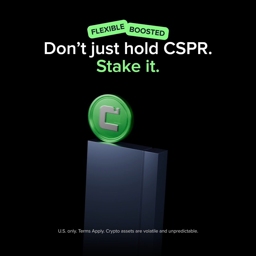 A promotional graphic featuring a green CSPR token atop a dark pedestal with the headline "Don't just hold CSPR. Stake it." accompanied by "FLEXIBLE" and "BOOSTED" badges, illustrating the post's two staking options on Uphold for Casper Network (CSPR).