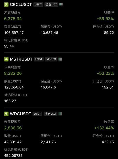 Trading positions showing CRCLUSDT +59.93%, MSTRUSDT +52.23%, and WDCUSDT +132.44% with quantities, margin, and entry prices listed in Chinese.