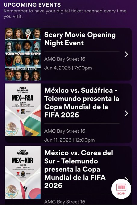 A phone screen displays a movie schedule for "Scary Movie Opening Night" at AMC Bay Street 16, June 4-17, 2016, with a time of 17:00.