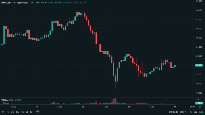 A TradingView candlestick chart for HYPEUSD on the Hyperliquid exchange showing 1-hour price action, with current price at 82.024 (+0.17602, +0.22%), highs of 88.000 and lows of 81.715, displaying a downward trend across the timeframe.