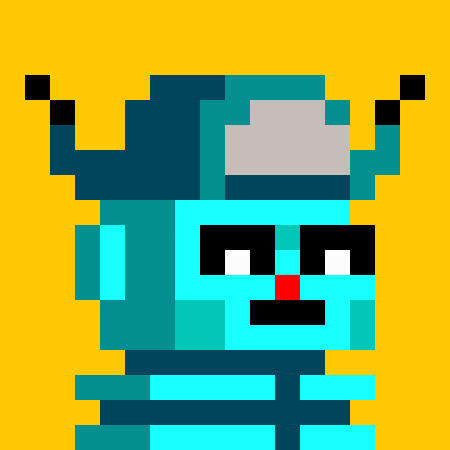 A turquoise pixel-art robot character with black antennas and a red nose is displayed against a yellow background, appearing to represent the mascot or avatar for the Zcash-based NFT project mentioned in the post.