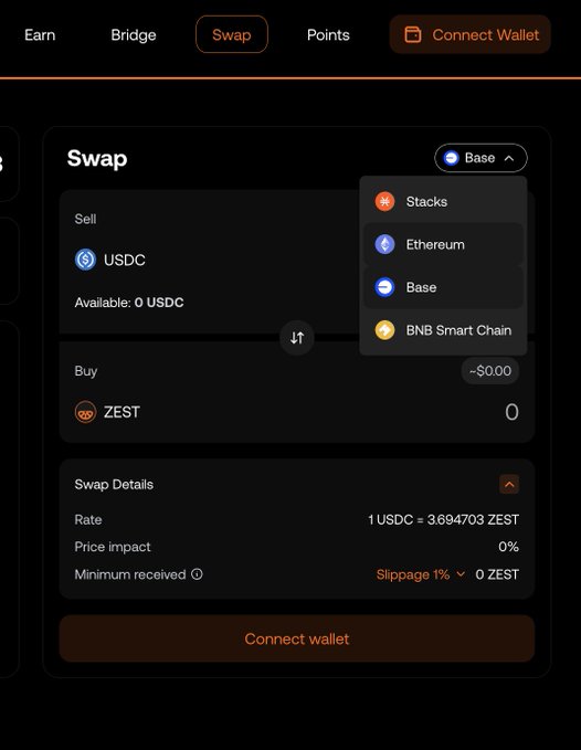 The image displays a SWAP interface on an app screen with the main button labeled 'SWAP'. This interface allows users to connect their wallet, which currently supports one cryptocurrency - USDC. The app now offers multiple options for connecting to different chains like base (ETH), Ethereum, and Binance Smart Chain (BNB) through the SWAP Protocol Swap feature. Users can easily purchase Bitcoin on these chains using either USDC or fiat currency. This additional functionality provides users with a more diverse range of choices when it comes to investing in cryptocurrency.