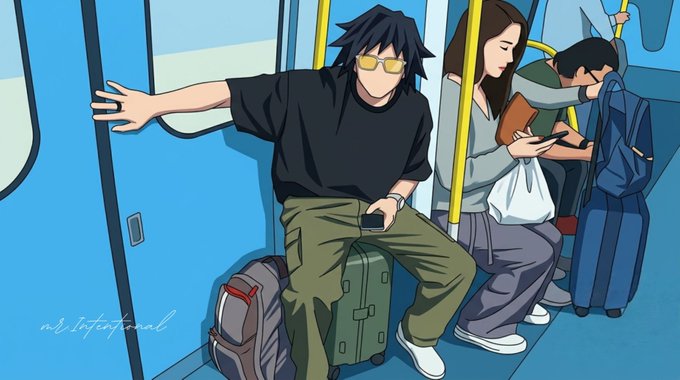 An anime-style illustration of passengers on a subway train, featuring a dark-haired man in sunglasses leaning by the door with a large green suitcase.