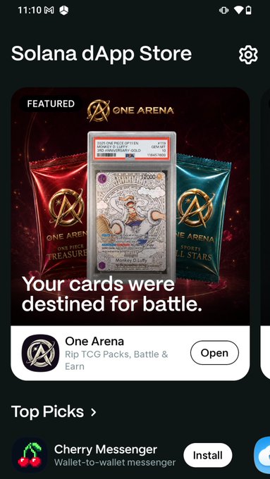 Screenshot of the Solana dApp Store on Solana Mobile featuring the One Arena app, which promotes ripping TCG packs to battle and earn, including the Seeker Cup with a $50,000 prize pool as referenced in the promotional post.