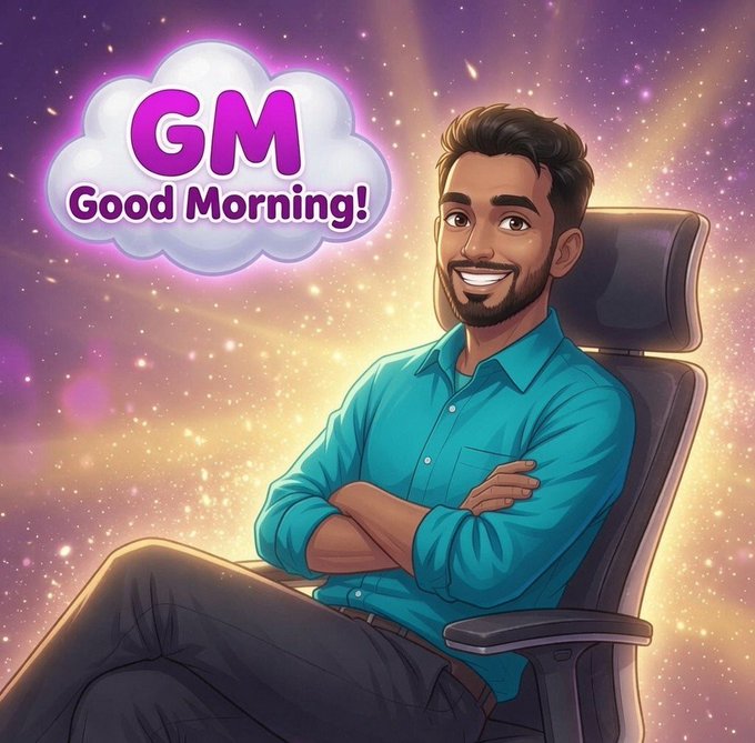 A cartoon illustration of a smiling bearded man in a teal shirt sitting in a chair with arms crossed, with a 'GM Good Morning!' speech bubble against a starry purple and gold background.