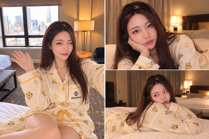 A collage of three photos featuring a woman wearing Binance-branded sleepwear and a black headband in a hotel room setting.