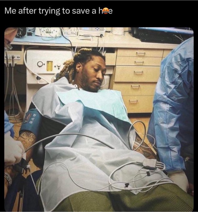 A person with dreadlocks lies in a medical chair wearing a dental bib with a blood pressure cuff on their arm, appearing exhausted or sedated after a dental procedure. The text at the top reads "Me after trying to save a h💋e," humorously referencing the post's warning about "Captainsaveahoe" — a man so devoted to rescuing women in distress that he ends up drained (or in this case, knocked out) by the attempt.