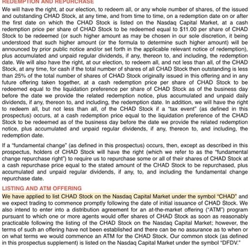 A SEC filing document detailing CHAD's share redemption program, allowing shareholders to redeem all outstanding shares on any future offering date at the company's discretion. The caption references the post's tone about the company potentially going "stupid," highlighting the filing's formal text on redemption procedures and listing under Nasdaq Capital Market ticker "CHAD."