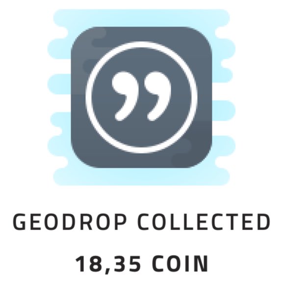 A digital Geodrop icon with a quotation mark symbol appears above the text "GEODROP COLLECTED 18,35 COIN," matching the post that announces collecting a Geodrop worth 18.35 coins via the provided coin.onelink.me referral link.