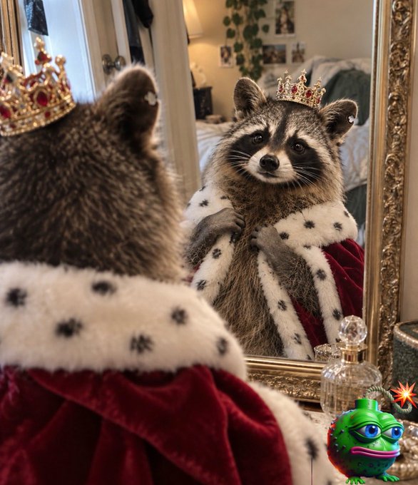 A raccoon dressed as royalty, wearing a jeweled crown and a red velvet robe with ermine fur trim, admires its reflection in an ornate gold mirror, while a small green character with glasses stands nearby.