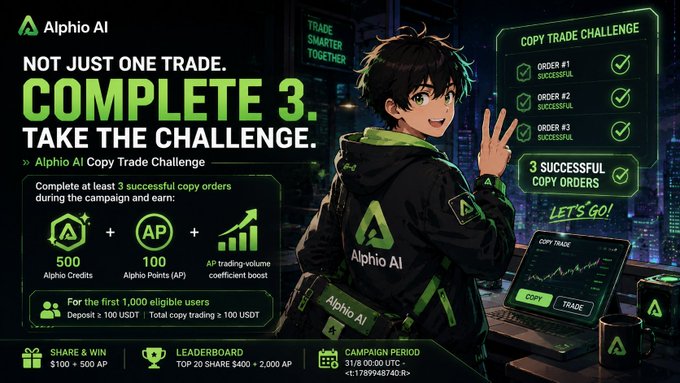 A promotional graphic for 'Alphio AI' featuring an anime-style character in a black and green hoodie, advertising a 'COPY TRADE CHALLENGE' with rewards of 500 Alphio Credits and 100 Alphio Points (AP) for completing 3 successful copy orders.