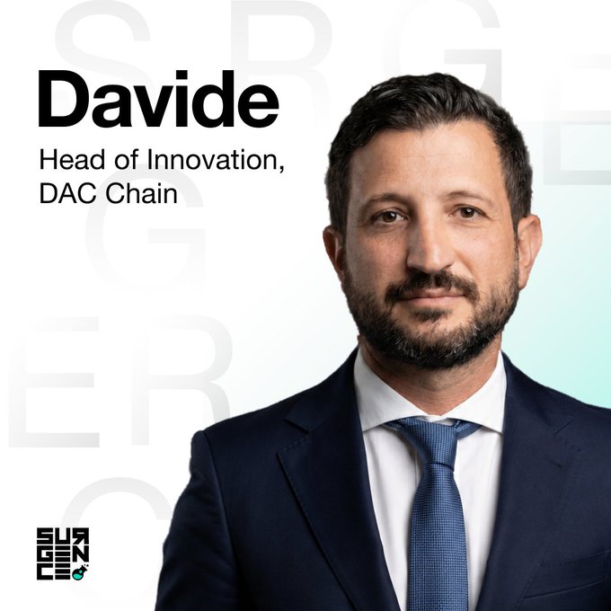 A professional headshot of Davide, Head of Innovation at DAC Chain, wearing a navy suit and blue tie, featured as part of a "Portfolio Team Spotlight" with the SwissBorg logo visible in the bottom left corner.