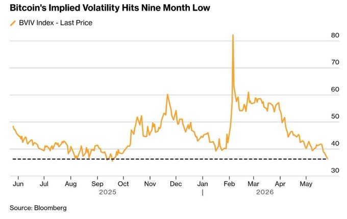 A line graph showing Bitcoin's expected 30-day volatilities with the x-axis indicating months from January through December, and the y-axis showing the number of months the Bitcoin price has fallen or risen. The Bitcoin index has been hitting a nine-month low since November due to its declining trading activity and shifting investment interest towards other cryptocurrencies.