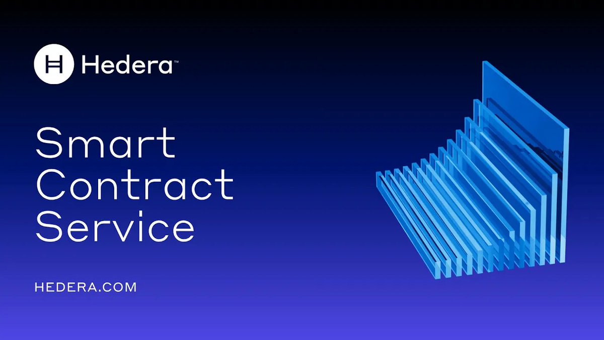A promotional graphic for 'Hedera' featuring the Hedera logo, the text 'Smart Contract Service' and 'HEDERA.COM' against a dark blue background with abstract blue panels.