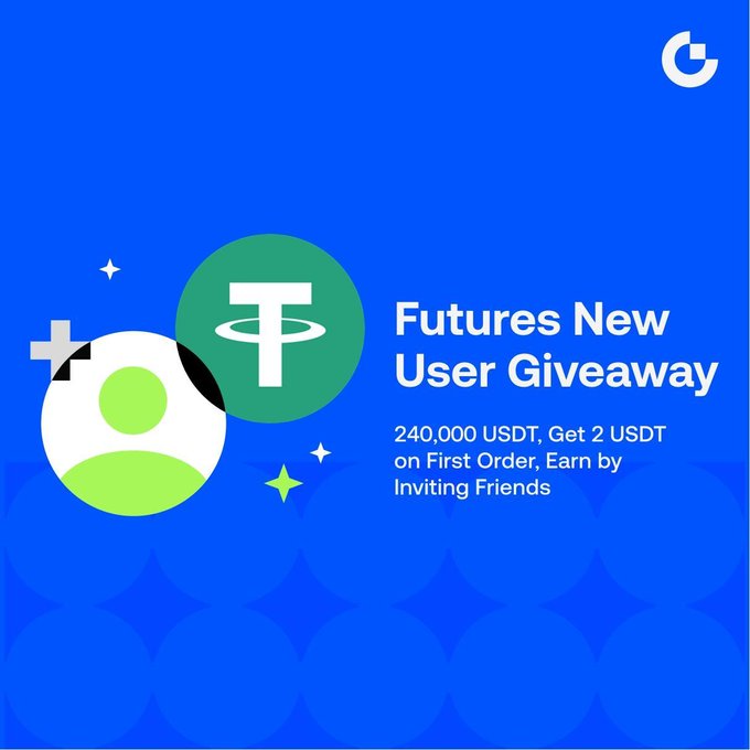 This image announces a "Futures New User Giveaway" with a total prize pool of 240,000 USDT, offering 2 USDT on the first order and rewards for inviting friends. The image directly supplements the post by visually representing the giveaway and key incentives.