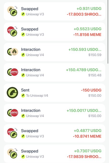 A transaction history list showing cryptocurrency swaps and interactions on Uniswap V3 and V4, with green positive amounts in USDG and red negative amounts in tokens like SHROOM and MEME.