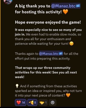 A black Manaz.btc community post thanks users for joining an activity, says they played in “slow mode,” and notes that three community activities for the week are wrapping up, with reaction counters below.