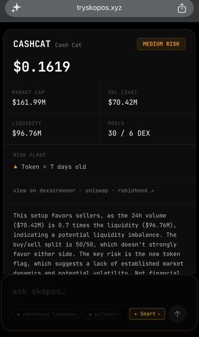 The image shows a TrySkopos.xyz risk scan for the CASHCAT token, displaying a "MEDIUM RISK" rating with a price of $0.1619, market cap of $161.99M, 24H volume of $70.42M, and a flagged risk that the "Token < 7 days old," illustrating the tool the poster is promoting to help prevent the type of rapid fund drain described in their tweet.