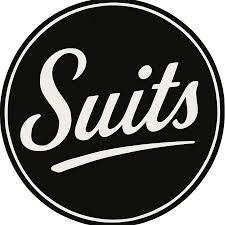 A simple logo design features the word 'Suits' written in white cursive script centered inside a black circle.