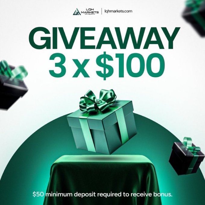 A promotional graphic from LQH Markets (lqhmarkets.com) advertising a 'GIVEAWAY 3 x $100' with floating gift boxes and text stating '$50 minimum deposit required to receive bonus.'