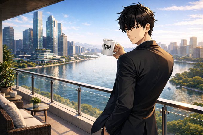 An anime-style illustration of a young man with black hair wearing a suit and holding a mug that says 'GM', standing on a high-rise balcony overlooking a modern city skyline and a river.