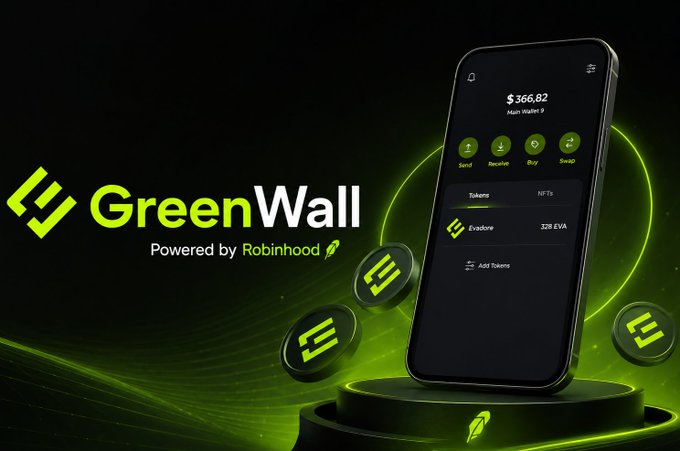 A promotional graphic for 'GreenWall Powered by Robinhood' showing a smartphone displaying a crypto wallet with $366.82 balance and Evadore tokens, set against a green glowing background.