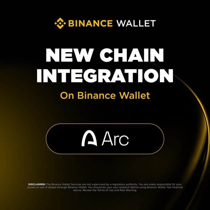 The image is a Binance Wallet announcement graphic featuring a black and gold color scheme, displaying the text "NEW CHAIN INTEGRATION On Binance Wallet" with the Arc logo prominently highlighted in a rounded button. It serves as a promotional visual accompanying the news that Arc is now live on Binance Wallet with zero service fees, bridging the gap between the announcement text and the official launch graphic.