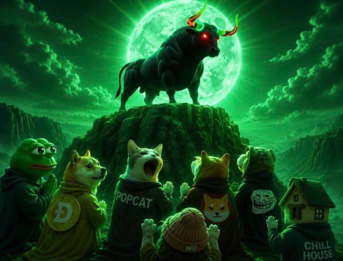 A group of meme coin characters—including Doge, Popcat, Shiba Inu, and others labeled "WIF," "CHILL HOUSE," and with a "D" logo—gather beneath a massive, glowing-eyed bull silhouetted against a full moon, symbolizing the bullish crypto community awaiting the promised airdrop by commenting their $ansem address.