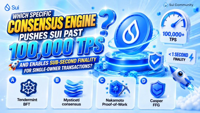 A Sui blockchain quiz graphic poses the question "Which specific consensus engine pushes Sui past 100,000 TPS and enables sub-second finality for single-owner transactions?" with multiple-choice answers A) Tendermint BFT, B) Mysticeti consensus, C) Nakamoto Proof-of-Work, and D) Casper FFG, alongside imagery highlighting 100,000+ TPS and sub-1-second finality benchmarks. The correct answer is B) Mysticeti consensus, Sui's novel consensus protocol.