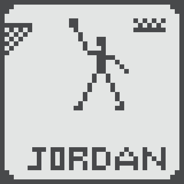 A black-and-white pixelated NFT artwork titled "JORDAN" depicts a stick figure in a slam dunk pose with a checkered flag and crown above it. The pixel art style honors the iconic 1986 Fleer Michael Jordan #57 basketball card, transforming the legendary rookie card into a minimalist digital tribute.
