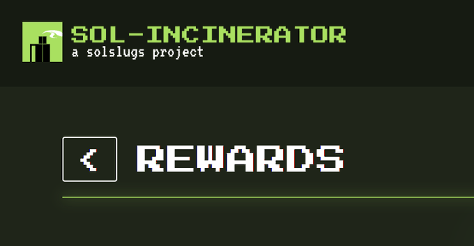The image displays a retro pixel-art title screen for "SOL-INCINERATOR," described as "a solslugs project," with a prominent "REWARDS" menu option featuring a back arrow button. This directly corresponds to the accompanying post, which directs viewers to sol-incinerator.com/rewards to claim 12.31 SOL in unclaimed referral rewards.