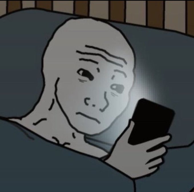 A "Wojak" meme character lies in bed, illuminated by the glow of their phone screen in the dark, suggesting late-night scrolling. The image humorously captures the relatable feeling of being unable to put down the phone—likely reflecting the poster's enthusiasm (or compulsive checking) for Solana memecoins during "Solana Summer."