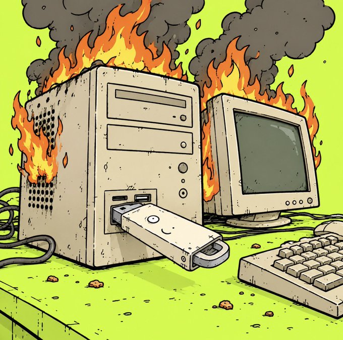 A cartoon illustration of a burning, dusty desktop computer setup with a monitor, keyboard, and USB drive plugged into the tower amidst flames and smoke.