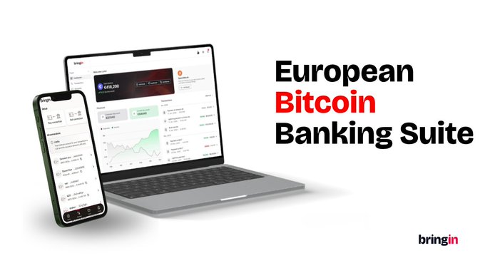 Marketing image for 'bringin' titled 'European Bitcoin Banking Suite,' showing a laptop and smartphone displaying banking and crypto dashboard interfaces.