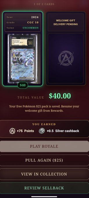 A mobile game screen from 'Royale' showing a purchased 2024 CGC 10 graded 'Iron Valiant' Pokémon card with a 'TOTAL VALUE $40.00' and a $40 sellback option.