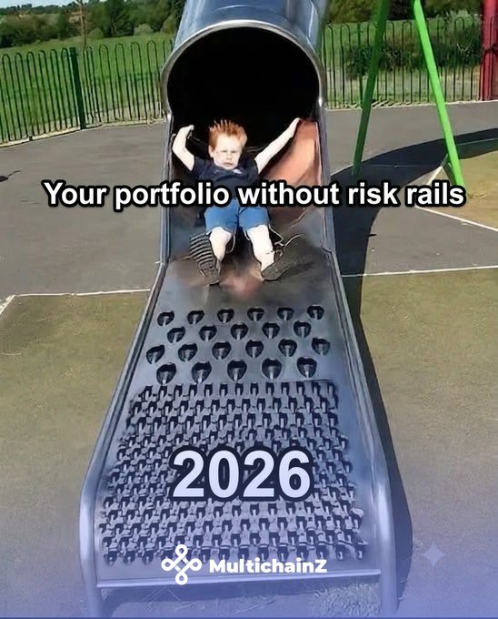 A meme featuring a child sliding down a playground slide with sharp spikes, overlaid with the text 'Your portfolio without risk rails' and '2026,' branded with the MultichainZ logo.
