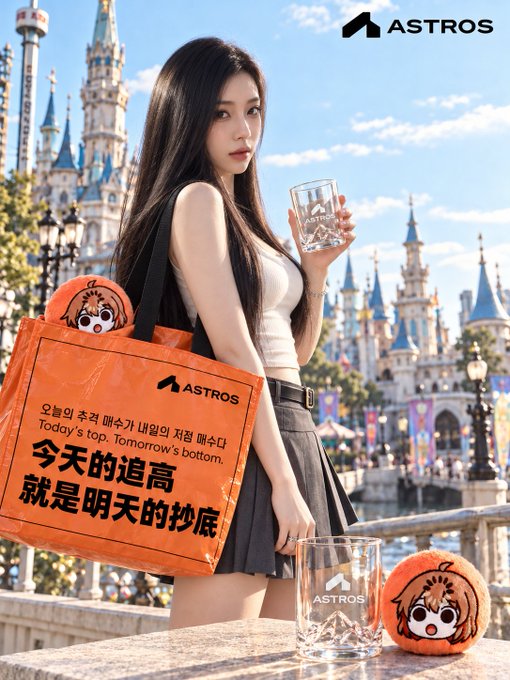 A promotional image for 'ASTROS' featuring a woman holding a glass next to an orange tote bag with Korean, English, and Chinese text reading 'Today's top. Tomorrow's bottom.' against a Disney castle backdrop.